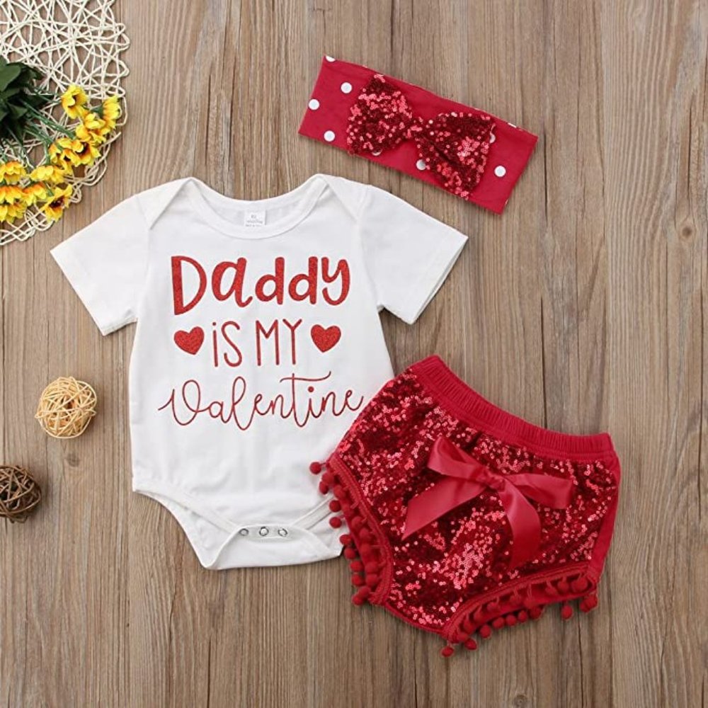 Valentine's Day Daddy Is My Valentine Romper Sequin Shorts Headband 18-24m
